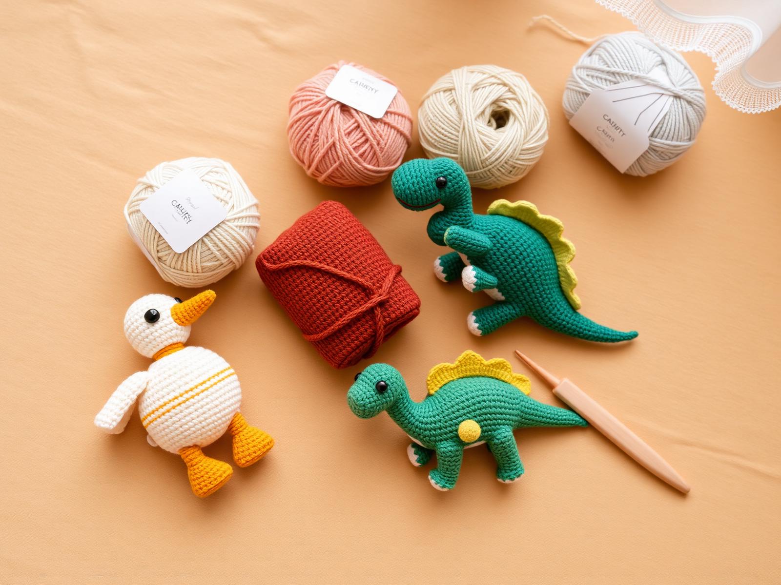 Handmade crochet plushies arranged with yarn by Siberian Stitchery